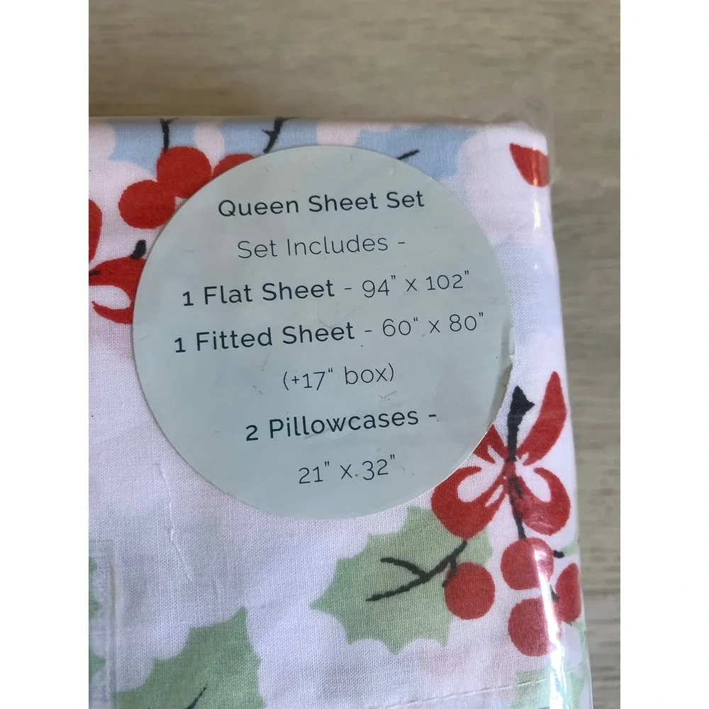 Cath Kidston Queen Sheet Set Holly Berry Christmas‎ Holiday Floral 4 Piece NEW